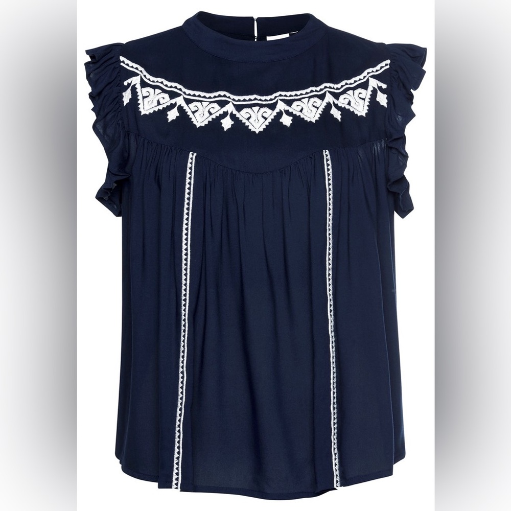 SZ 8 Lascana Women’s Navy & White Embroidered Ruffle Short Sleeve Blouse